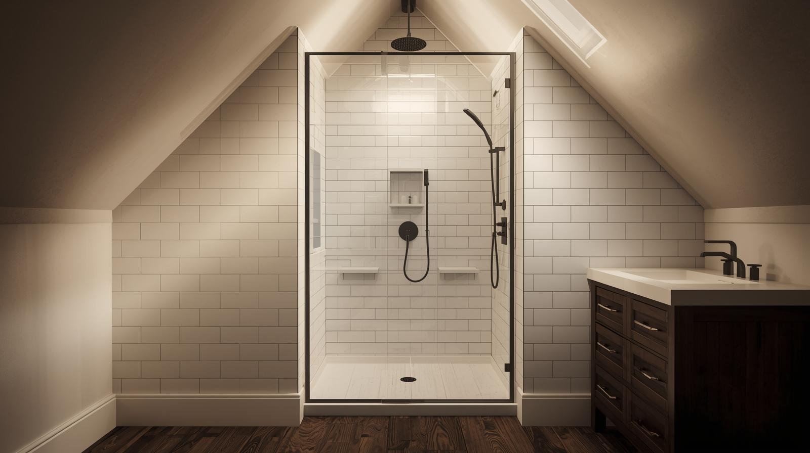 Attic bathroom with shower under a sloped ceiling