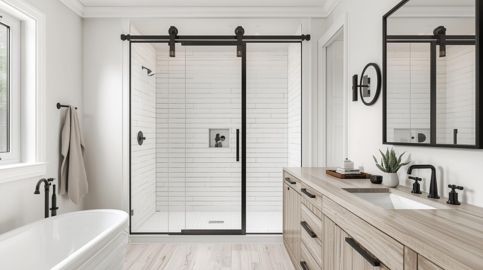 Barn-door style sliding shower hardware