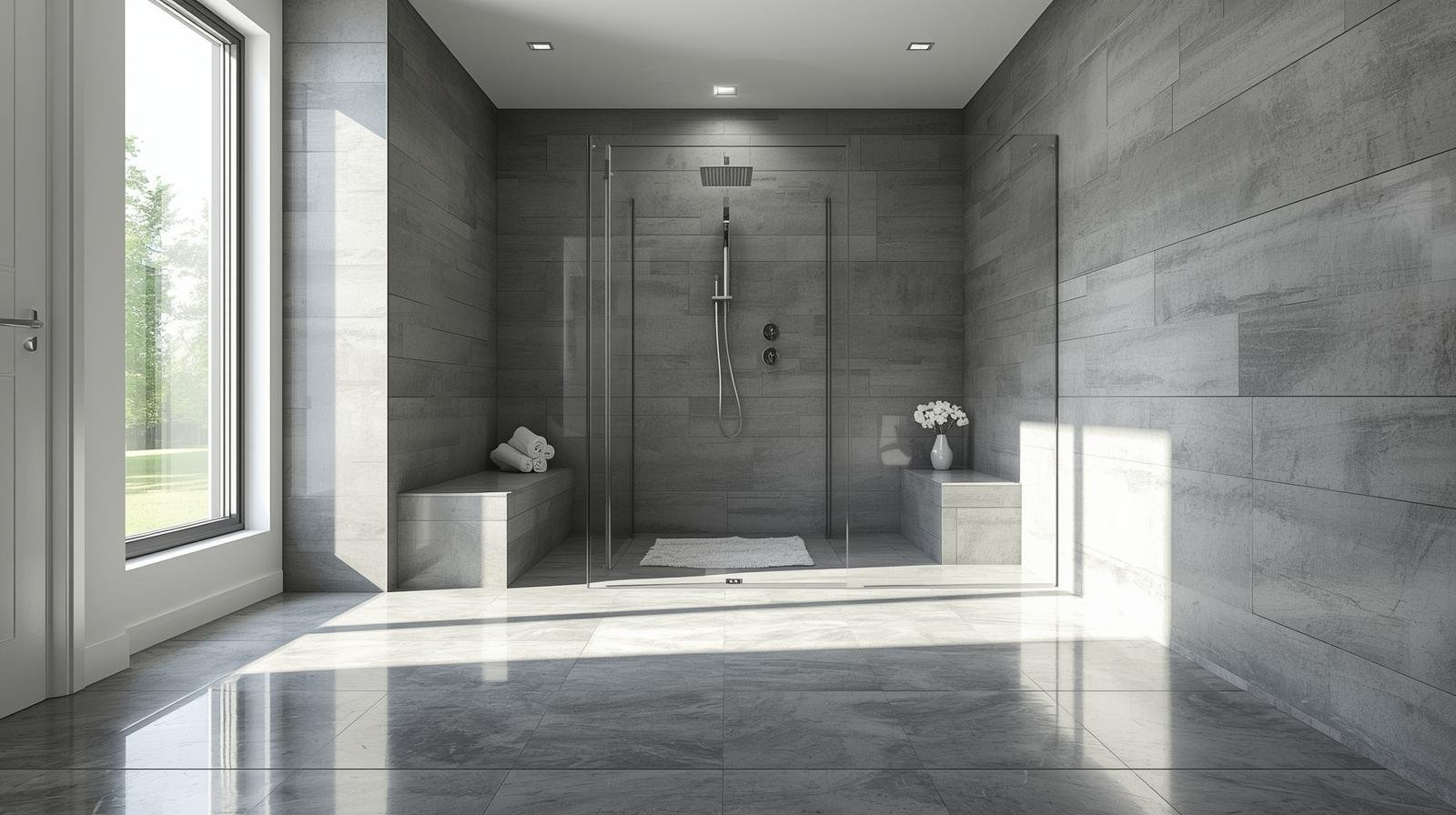 Bathroom where floor tile continues into the shower