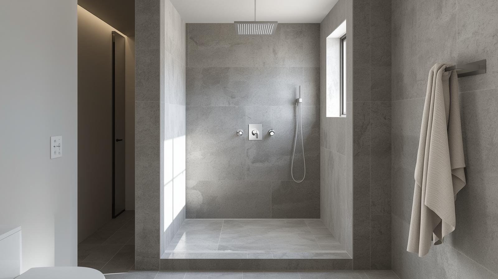 Bathroom with a seamless curbless shower entrance