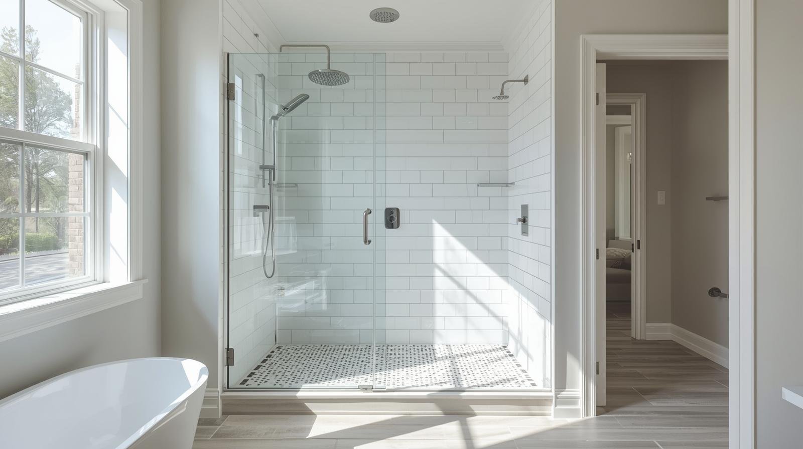 Bathroom with doorless walk-in shower entry