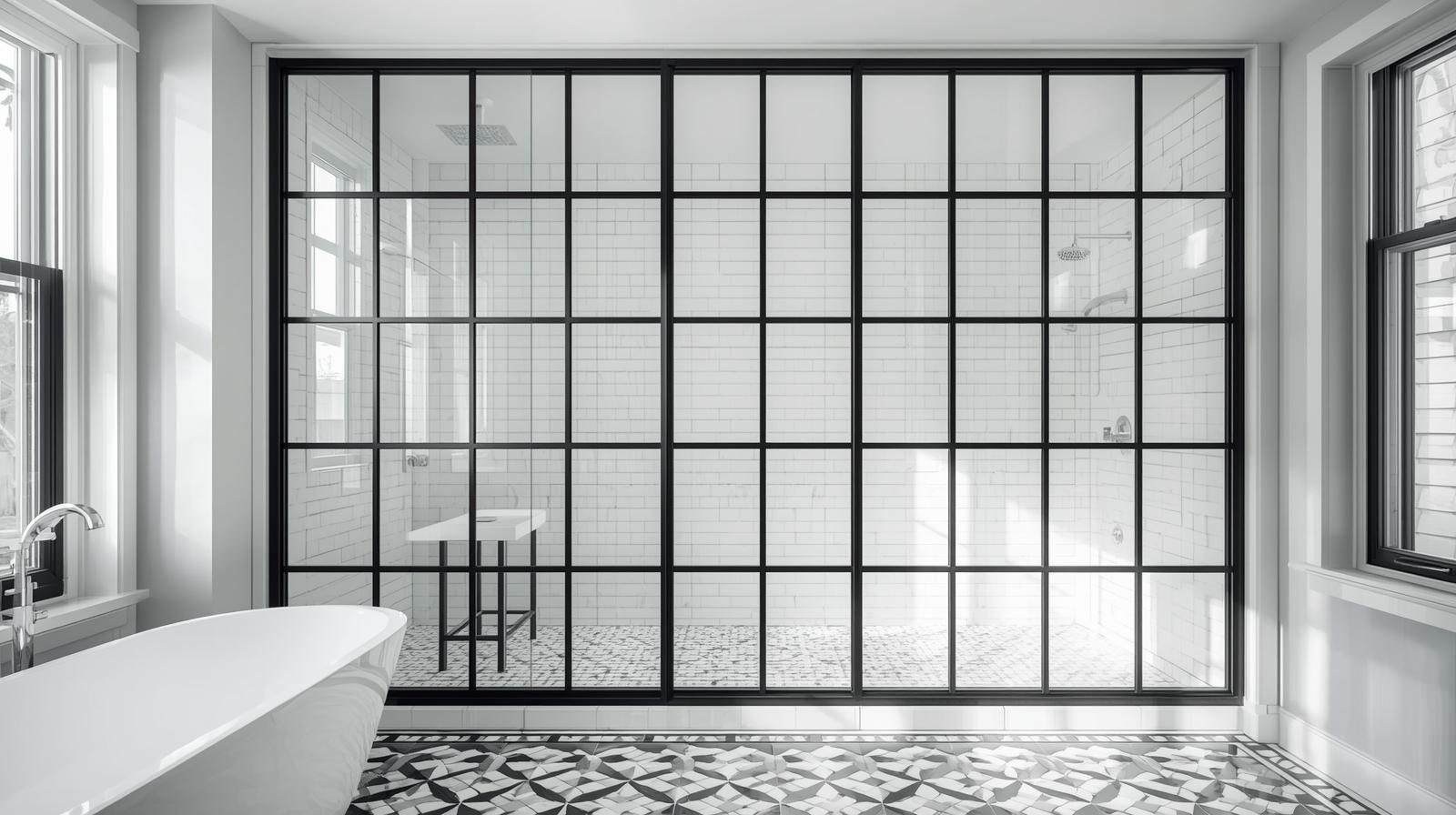 Black grid shower screen (Crittall style)