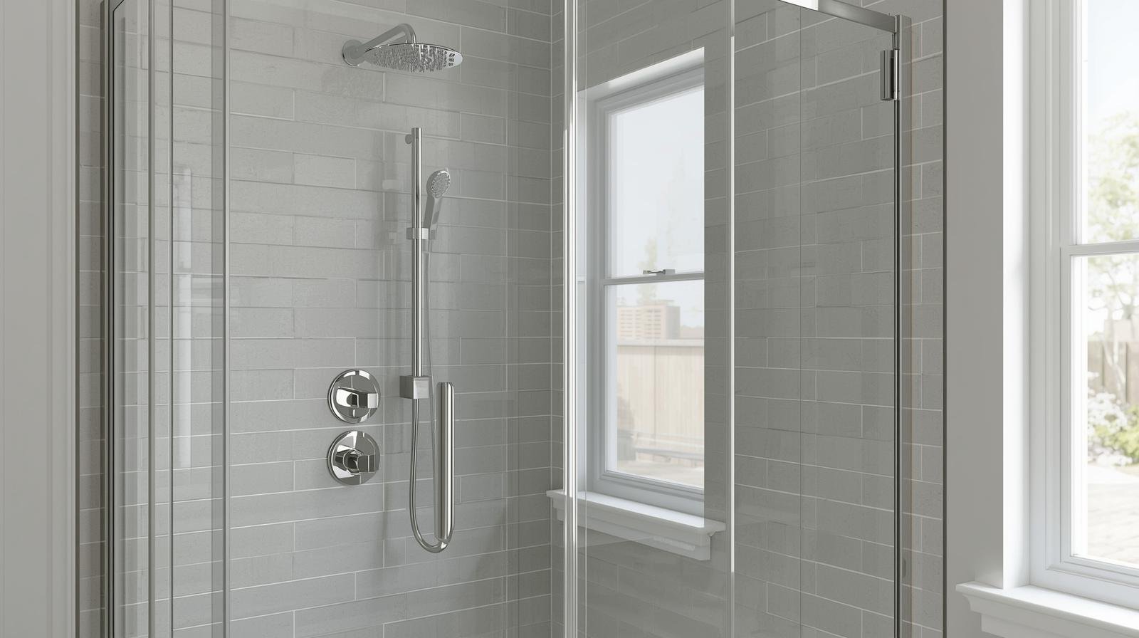 Corner walk-in shower with glass enclosure