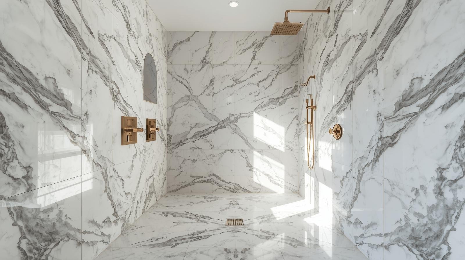 Marble-look porcelain tile in a shower