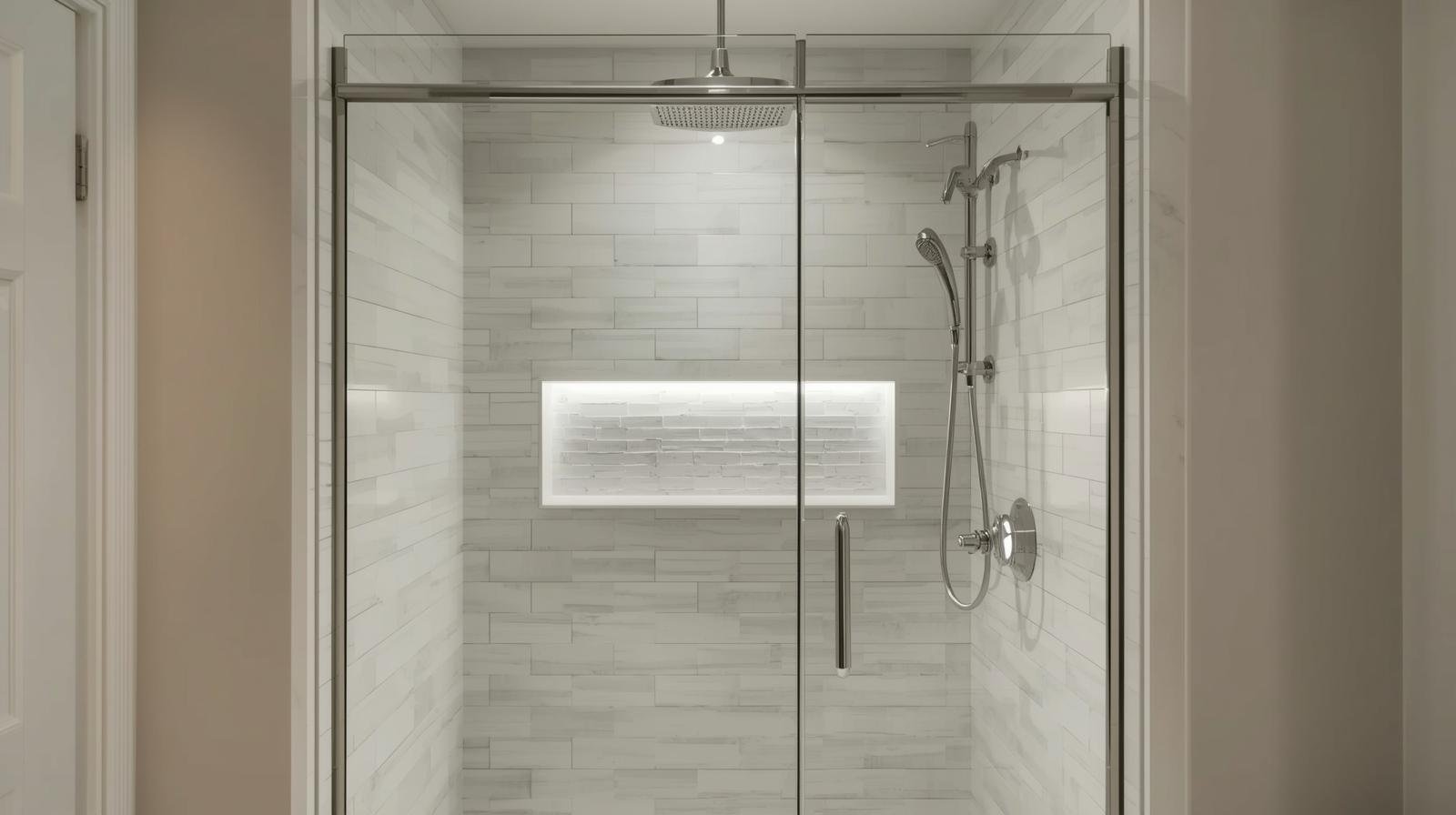 Shower built into a narrow alcove