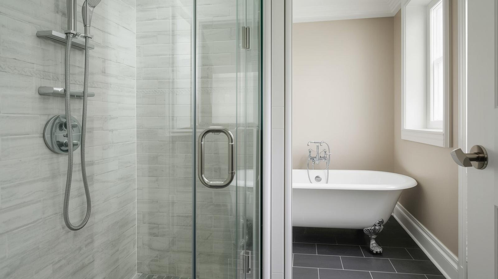 Shower next to a bathtub in a small bathroom