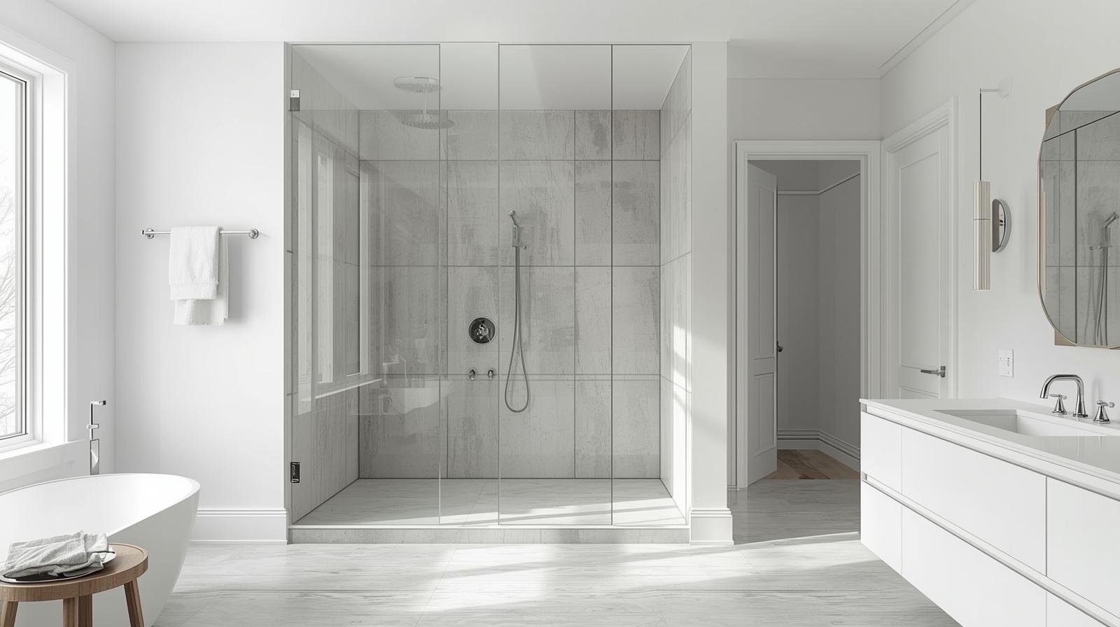 Shower with a single fixed glass panel