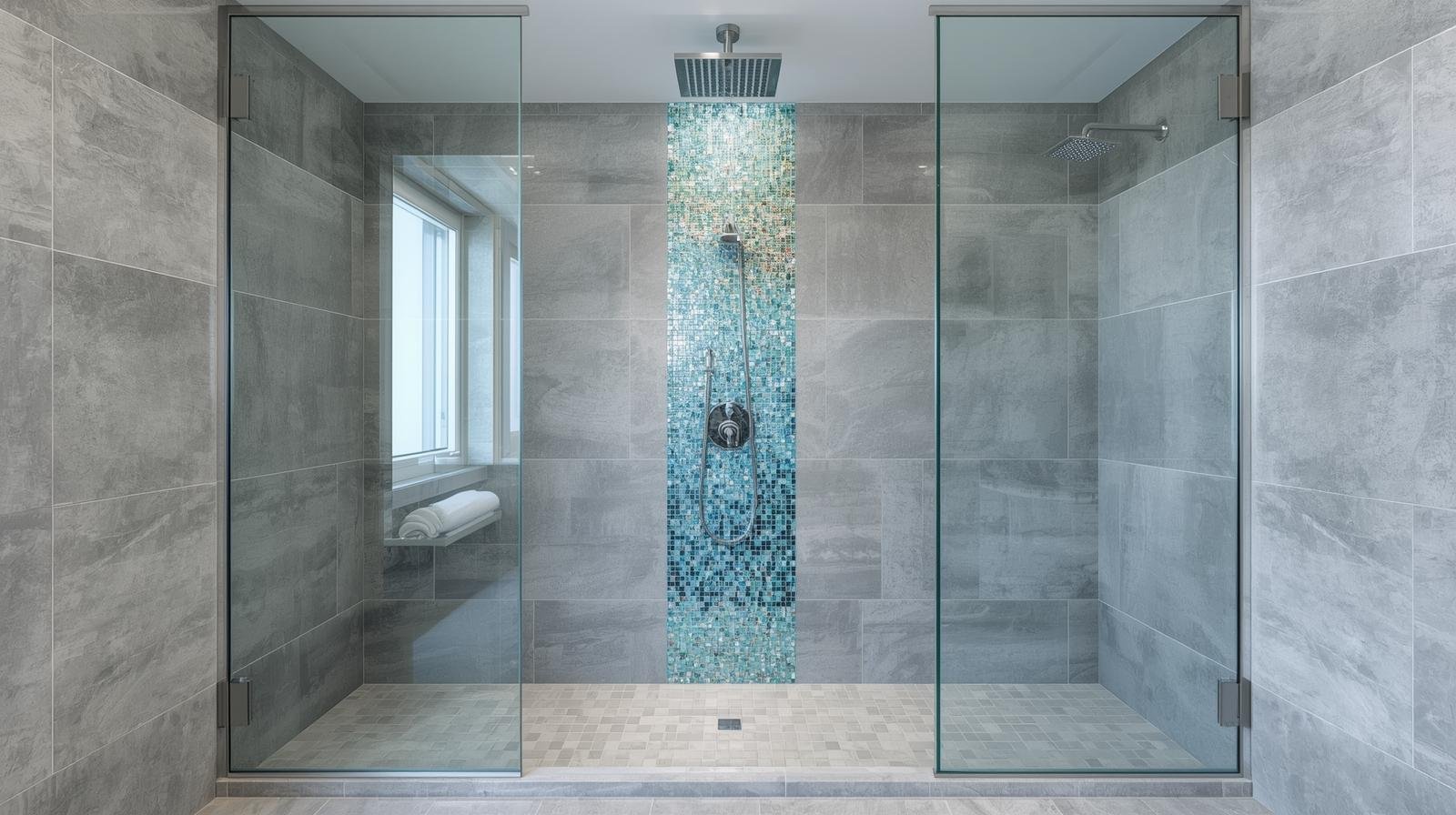 Shower with a vertical accent stripe