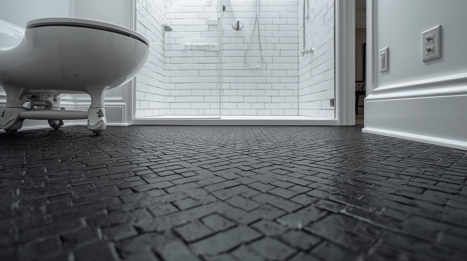 Shower with hexagonal floor tiles