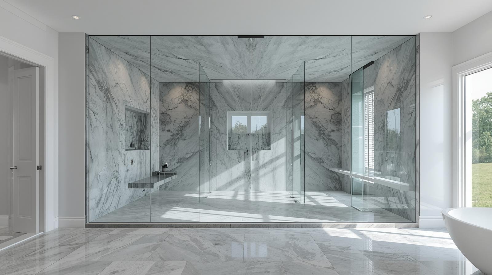 Tall glass enclosure reaching the ceiling