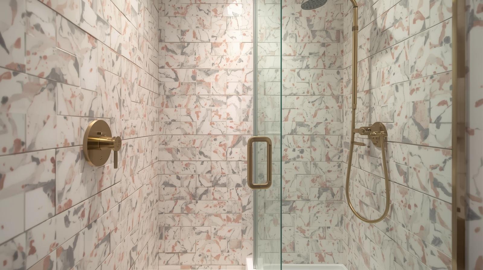 Terrazzo tile in a small shower