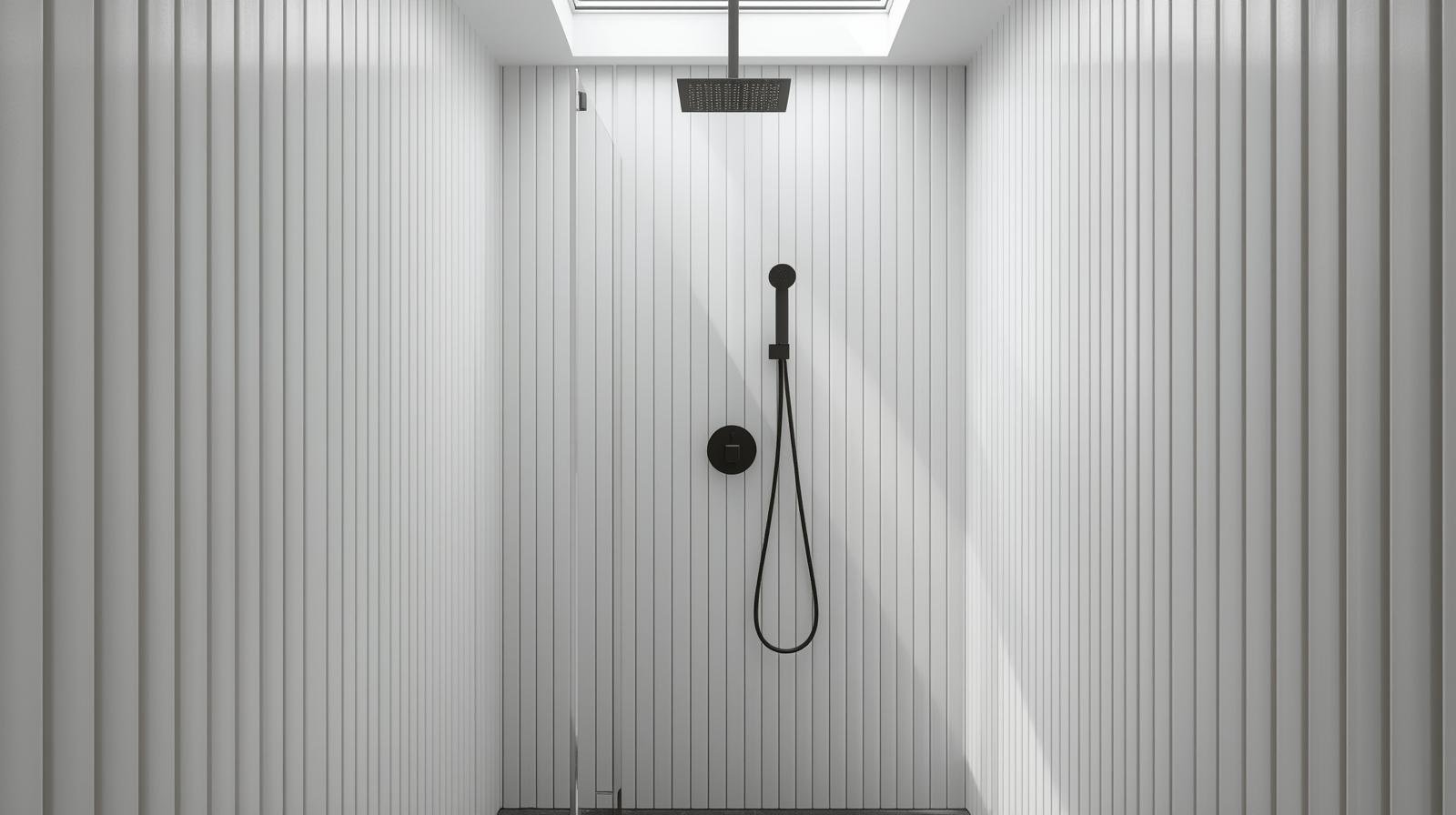 Vertically stacked subway tiles in a shower