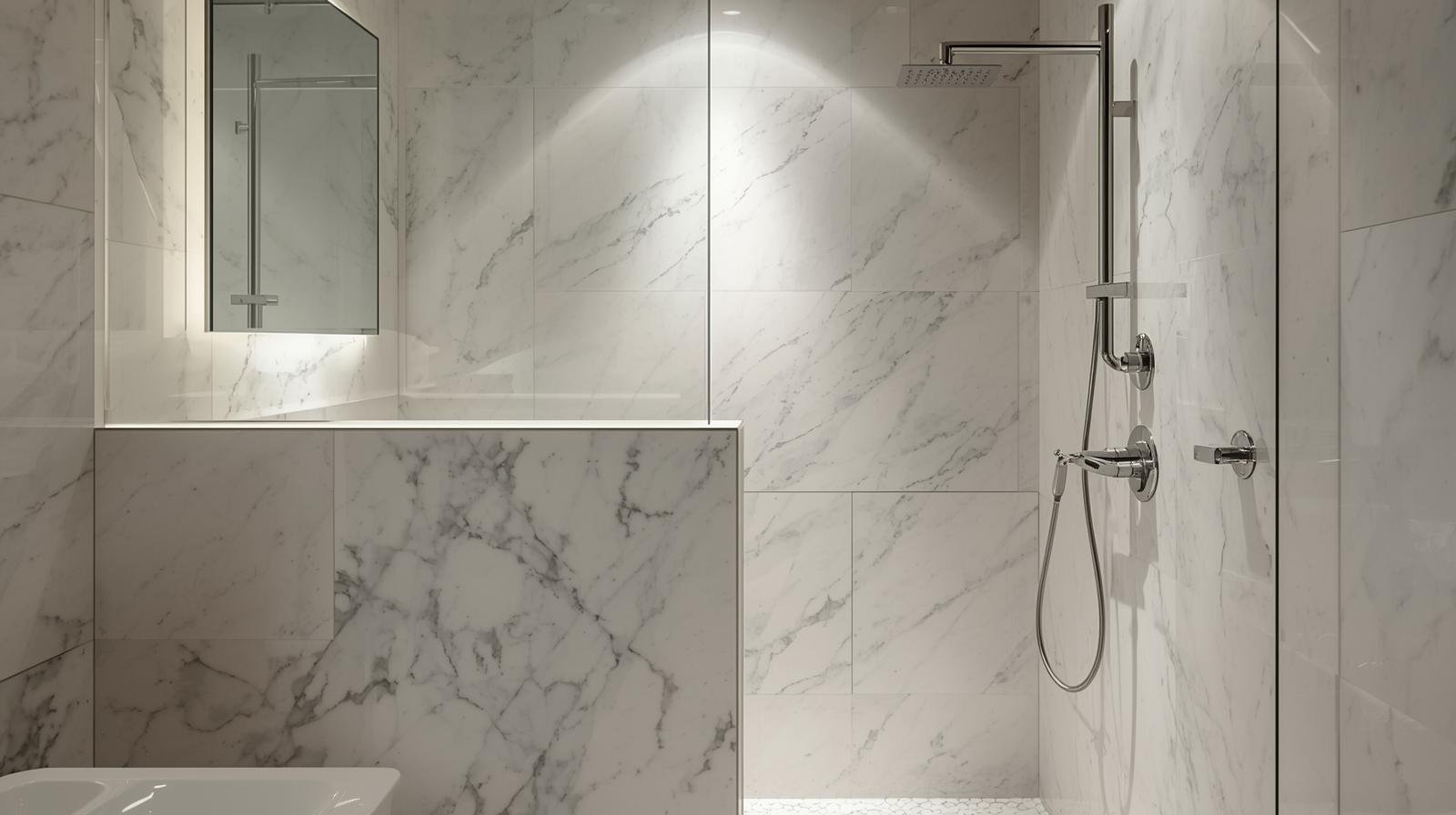 Walk-in shower with a half wall or pony wall