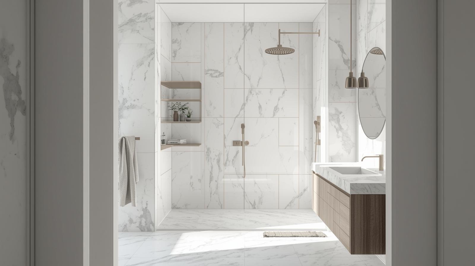 Floating corner shelves in a shower