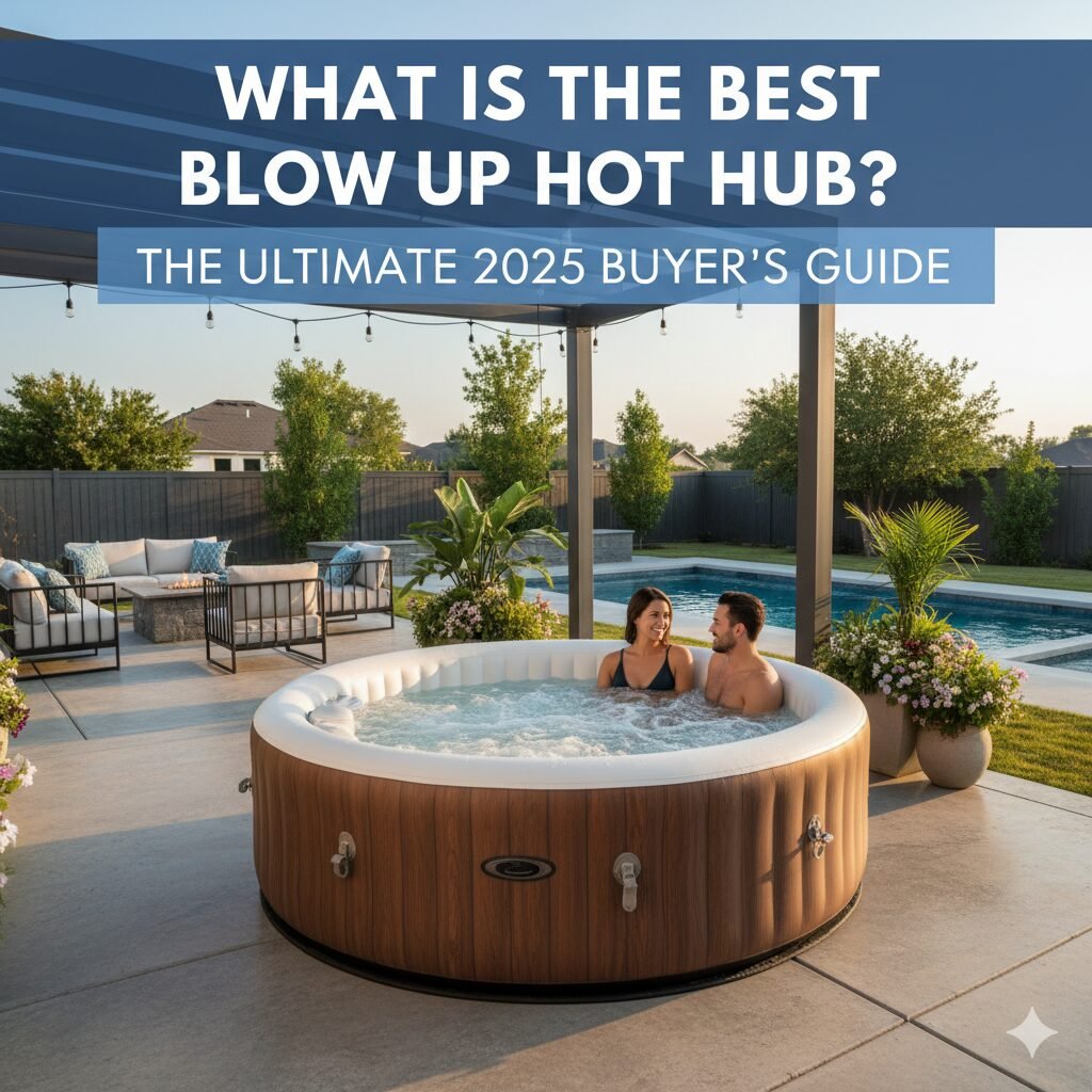 A smiling couple relaxing in an inflatable hot tub in their backyard at sunset.