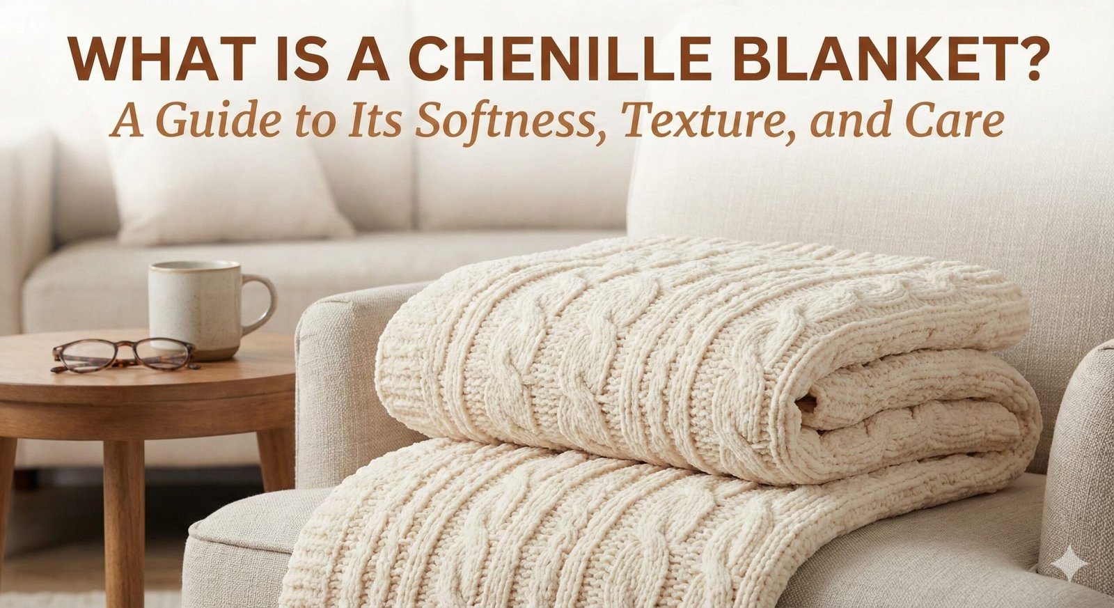 Soft white chenille knit blanket draped over a cozy sofa