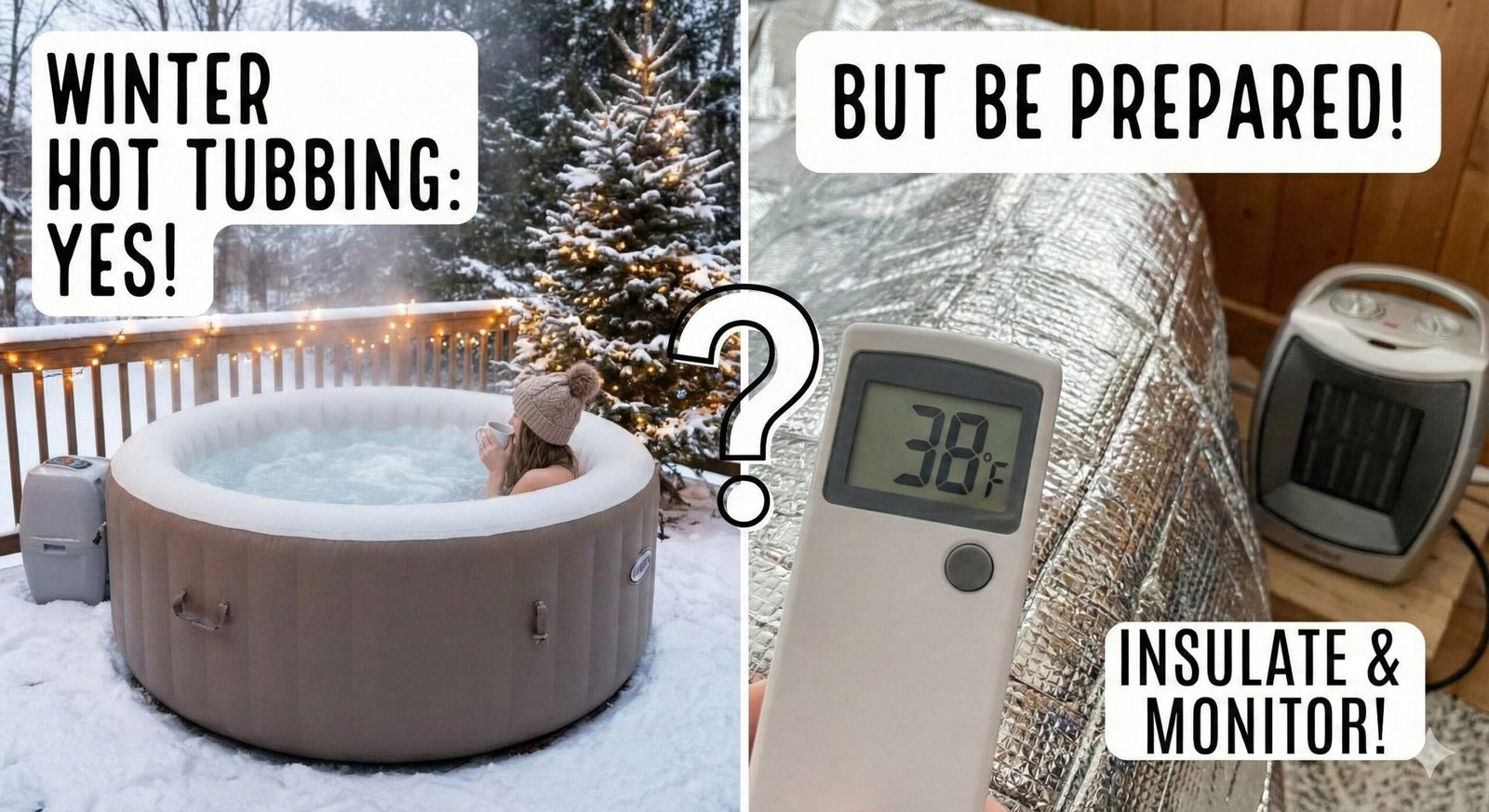 Inflatable hot tub used in winter surrounded by snow