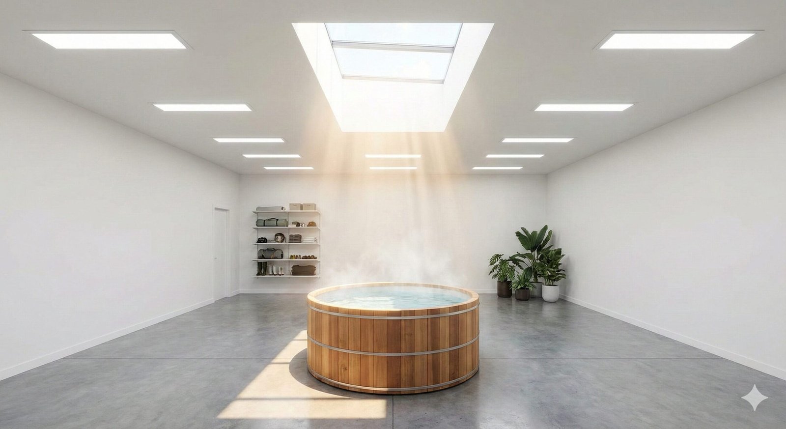 Clean white garage with skylights
