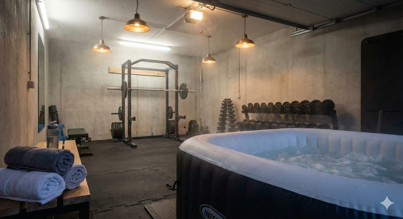 Garage setup with gym equipment and hot tub