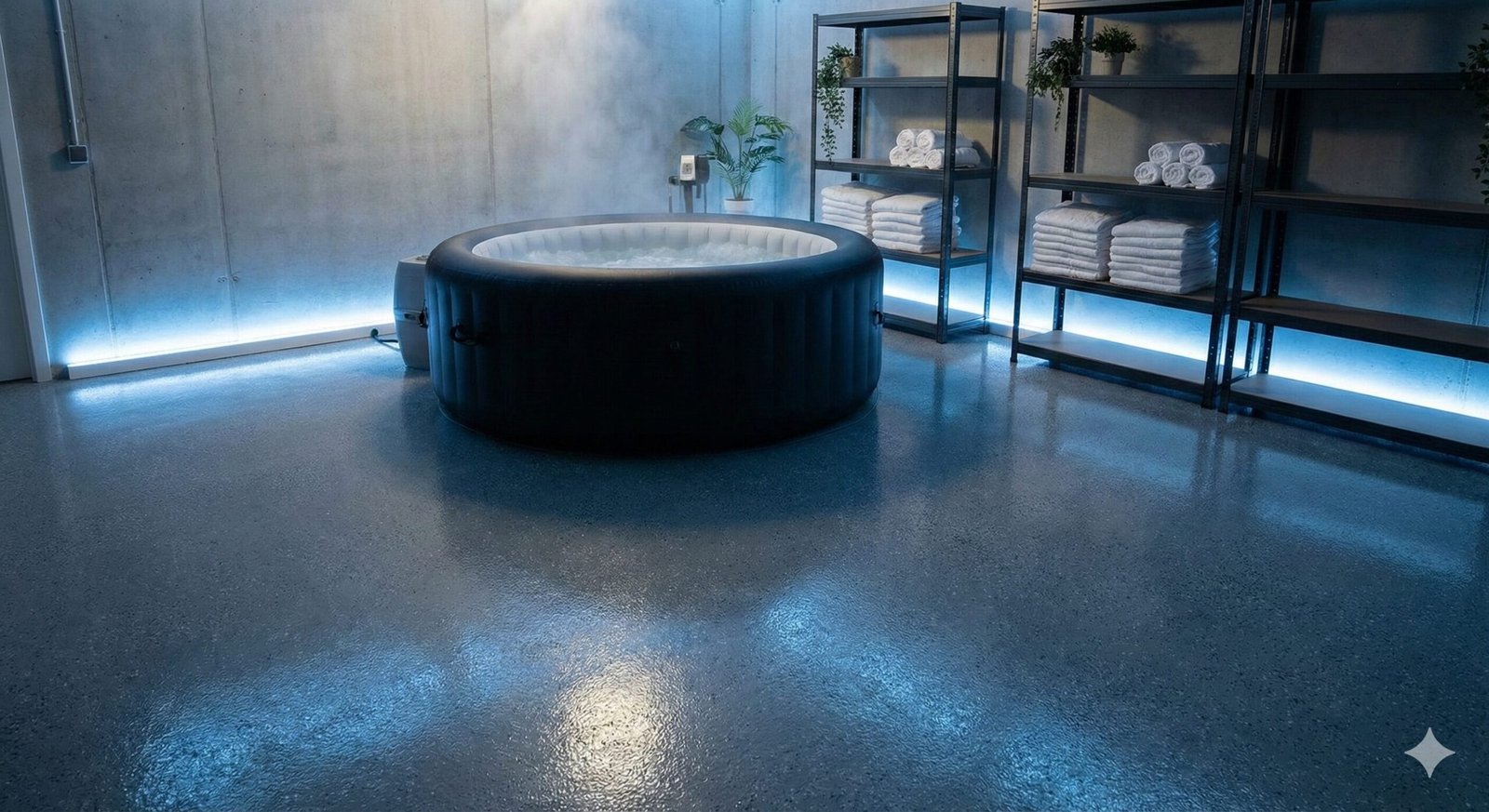 Industrial minimalist garage interior with spa