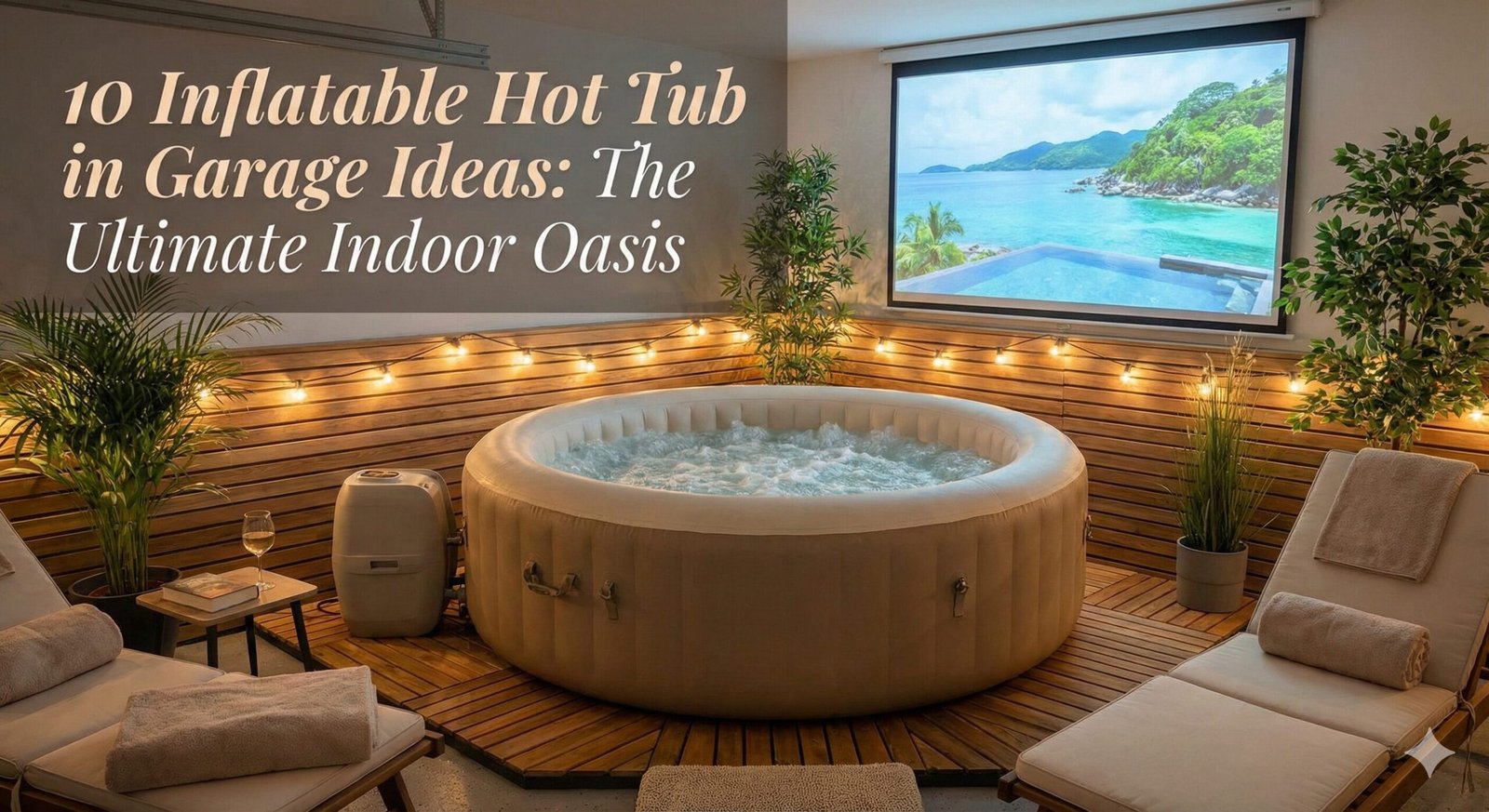 Inflatable hot tub set up inside a renovated garage