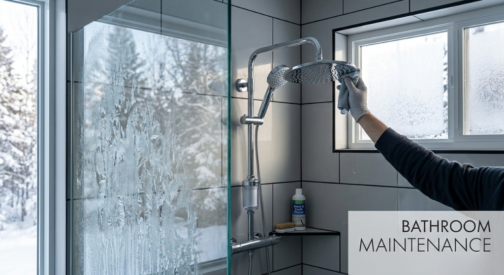 Bathroom shower with visible shower head, caulk lines, filter, and winter frost on window — complete maintenance guide