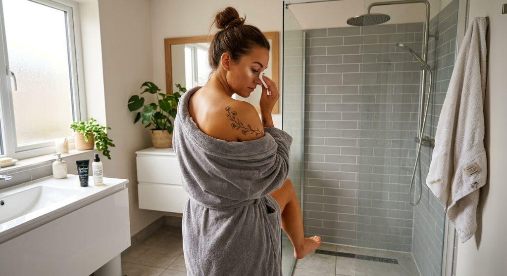 Person about to step into shower after a beauty treatment - spray tan, tattoo, lash lift