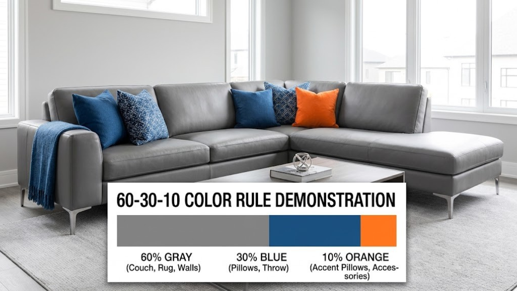 60-30-10 color rule demonstration with gray, blue, and orange pillows on modern couch