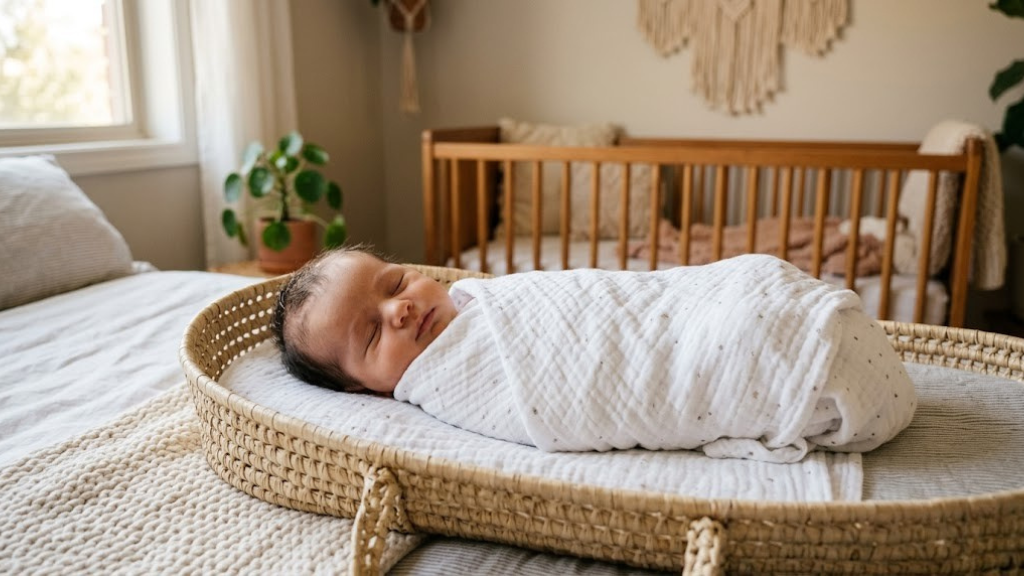 Baby snugly swaddled in a white muslin swaddle blanket