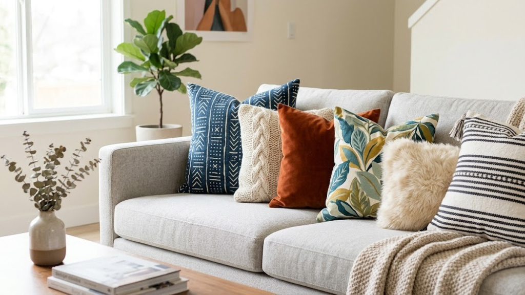 Beautifully styled throw pillows on modern couch with mixed patterns and textures