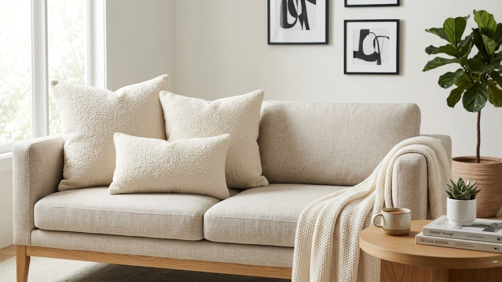 2026 trend: Boucle textured cream pillows on modern neutral couch