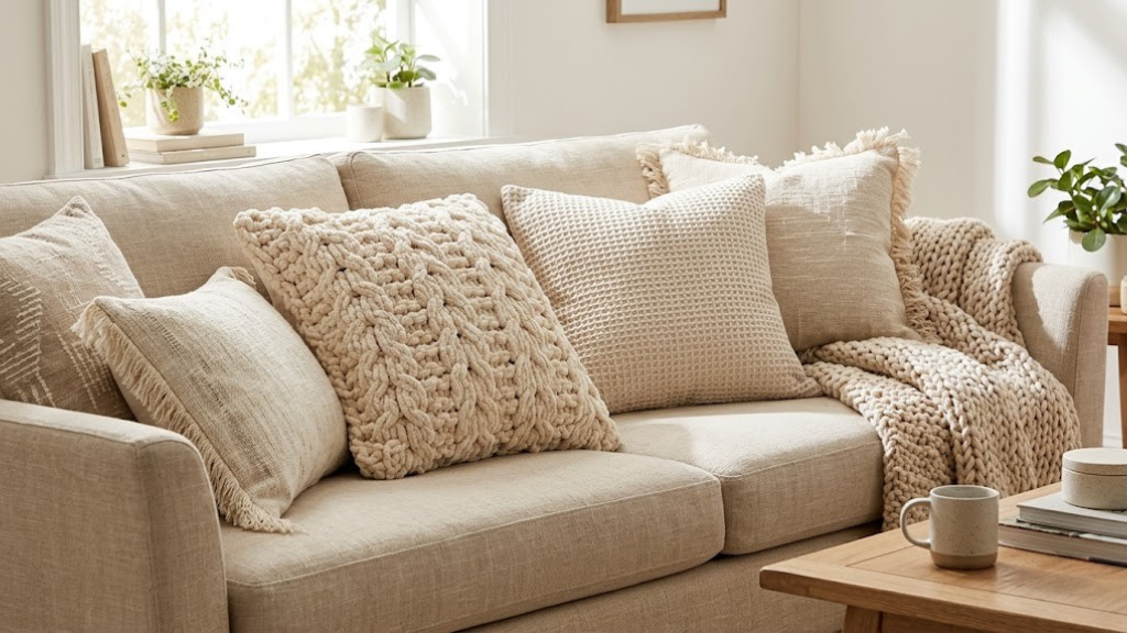 Chunky cable knit and waffle weave textured pillows in cream and beige tones