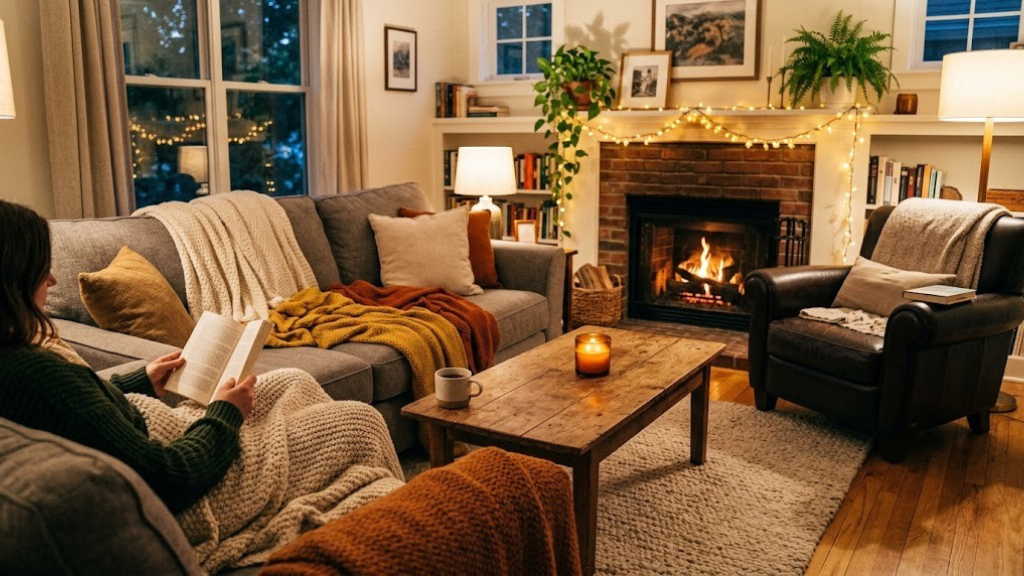 Cozy living room with warm lighting, plush blankets, and comfortable seating