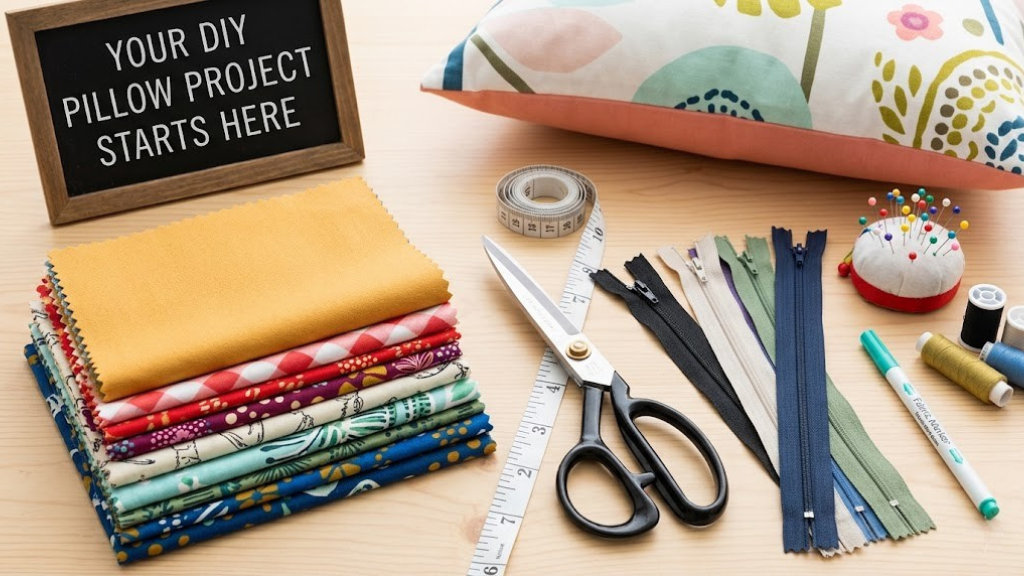 DIY pillow making supplies including fabric swatches, scissors, and zipper closures