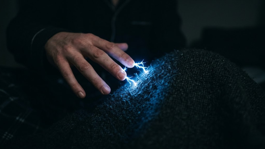 Electrostatic sparks visible in dark conditions near fabric