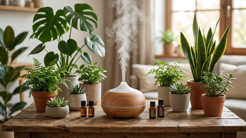 Essential oil diffuser with mist rising on wooden table surrounded by plants