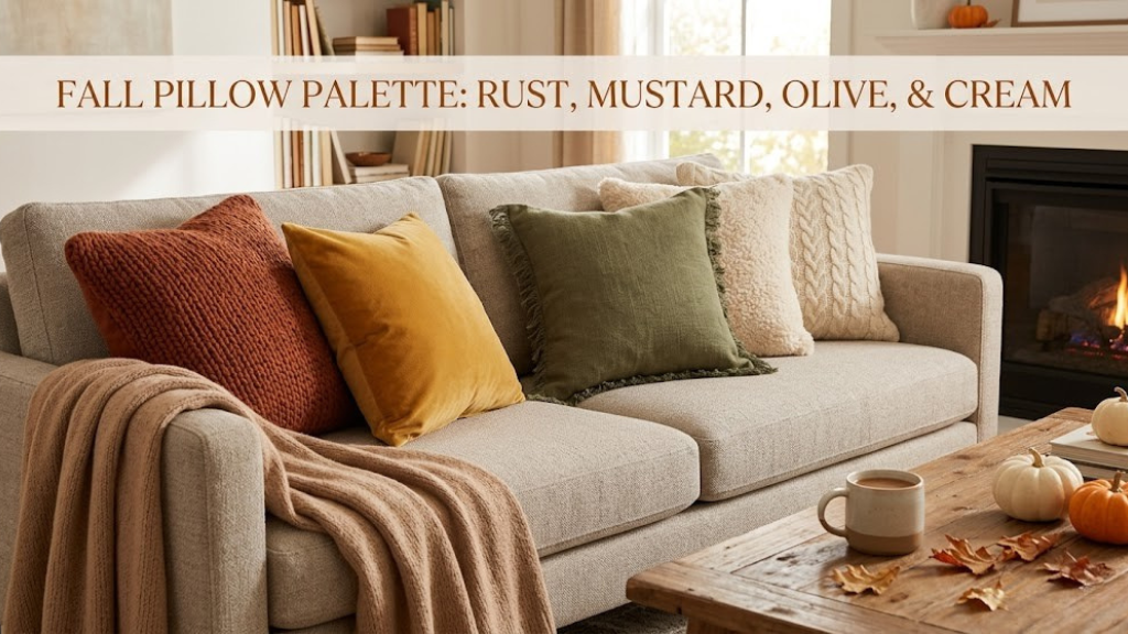 Fall pillow palette with rust, mustard, olive green, and cream pillows in cozy textures