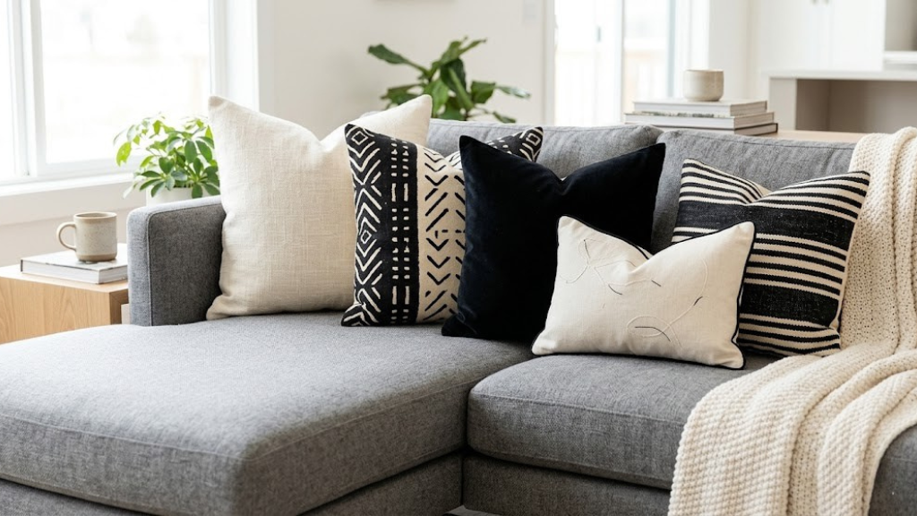 High-contrast black and cream pillow arrangement on modern gray couch