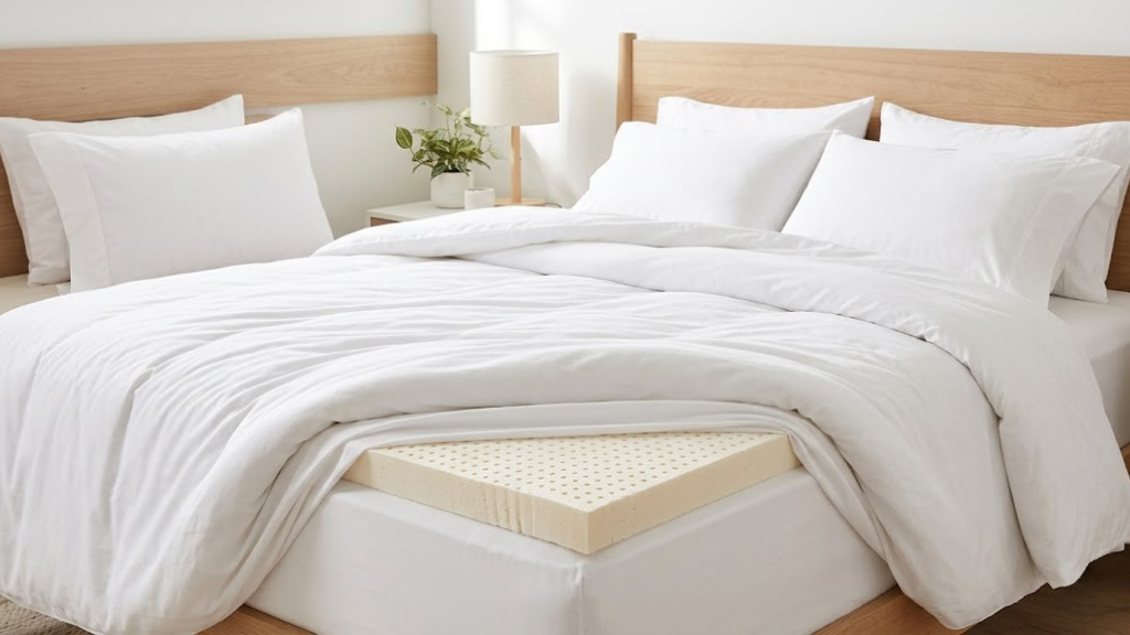 Latex mattress topper on a bed with white bedding
