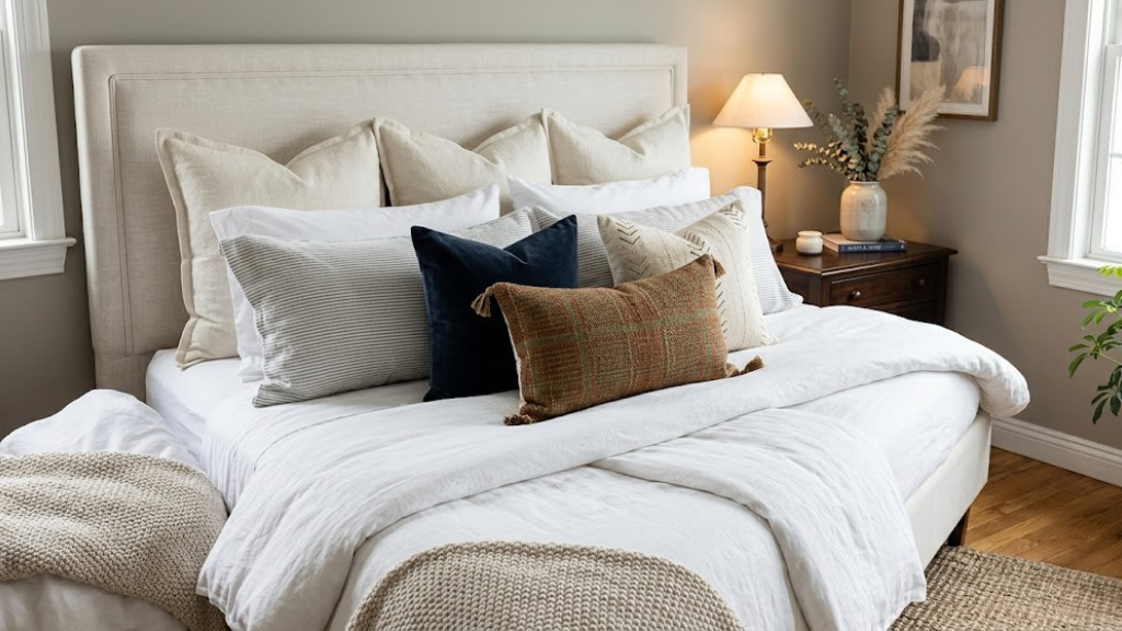 Layered bed pillow arrangement with euro shams, standard shams, and accent pillows