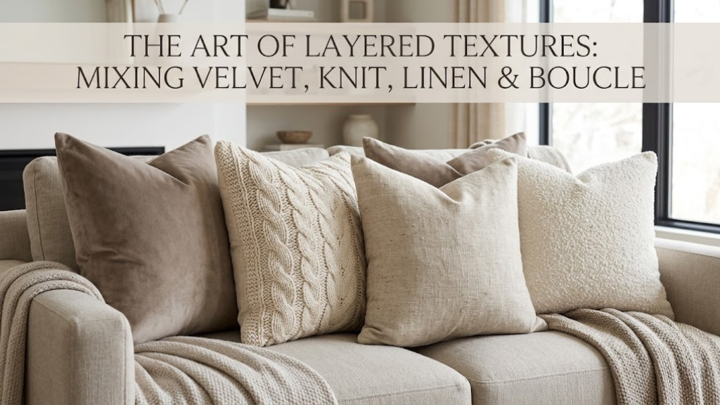 Layered texture pillows showing velvet, knit, linen, and boucle fabrics in neutral tones