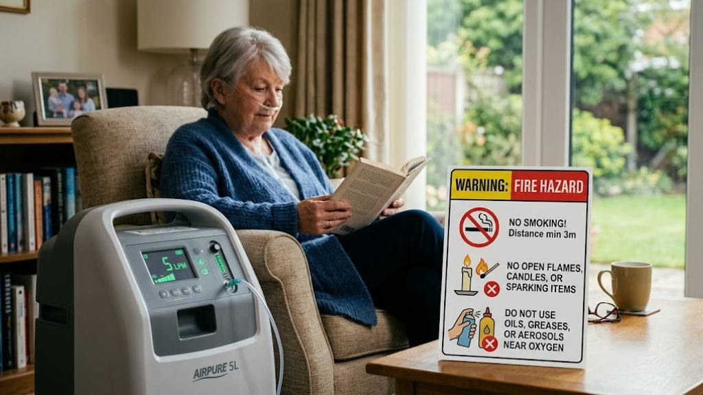 Medical oxygen concentrator in home setting with warning about fire hazards