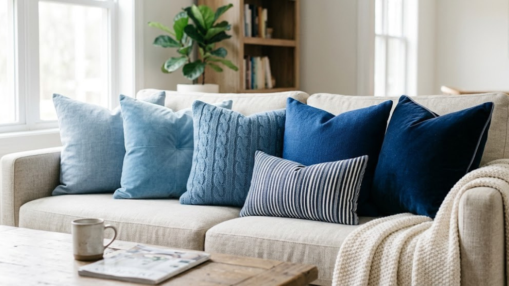 Monochromatic pillow arrangement in varying shades of blue from light to navy