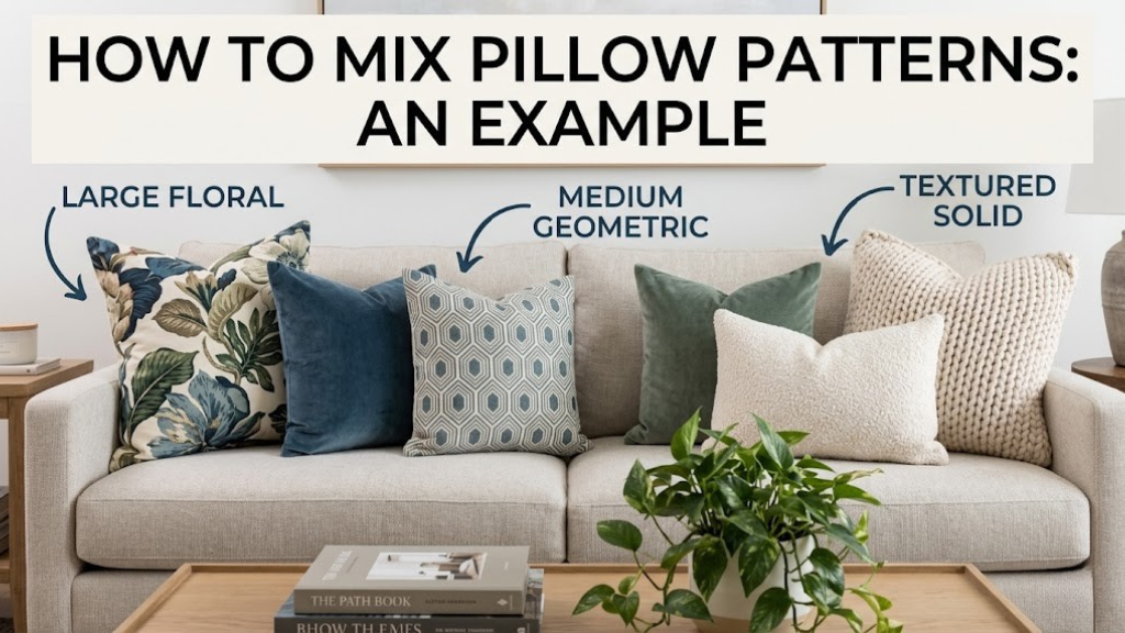 Pattern mixing example showing large floral, medium geometric, and textured solid pillows