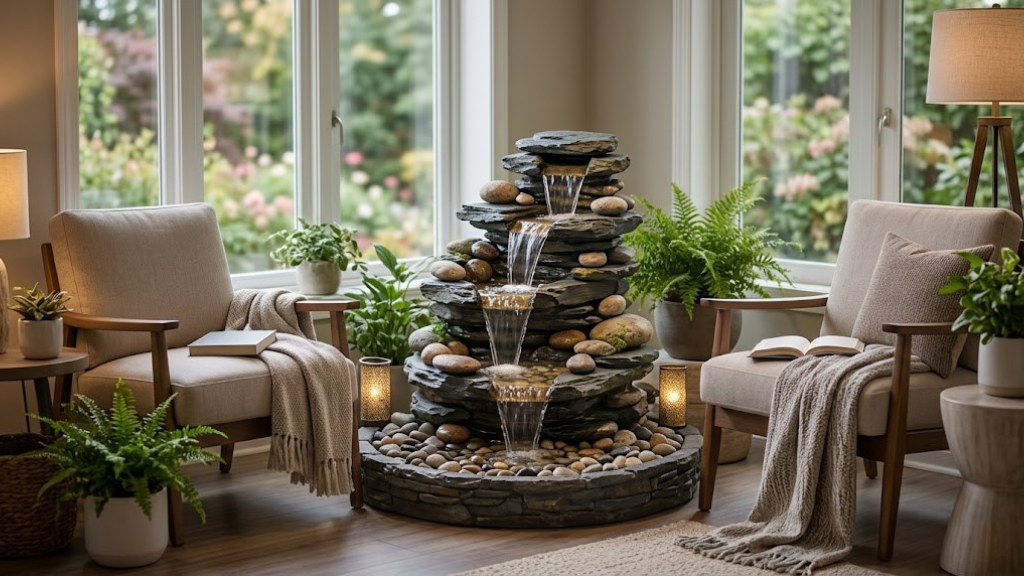 Peaceful indoor fountain with flowing water