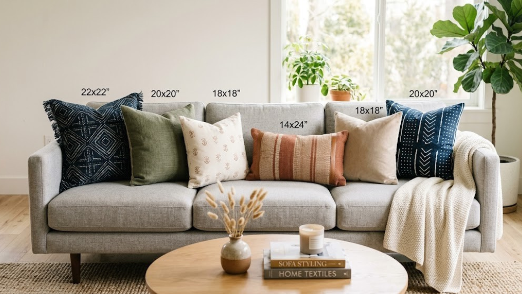 Perfectly styled modern couch with 5-7 pillow arrangement showing size variation