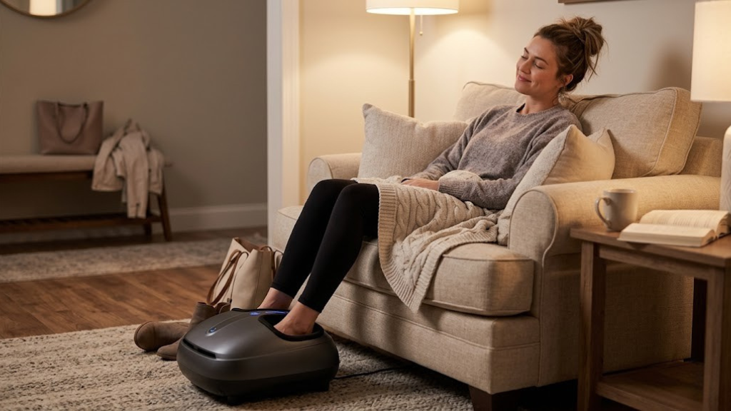 Person relaxing with a home foot massager after a long day