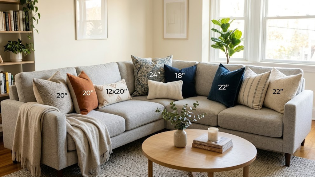 Sectional couch with properly proportioned pillow arrangement showing corner solutions