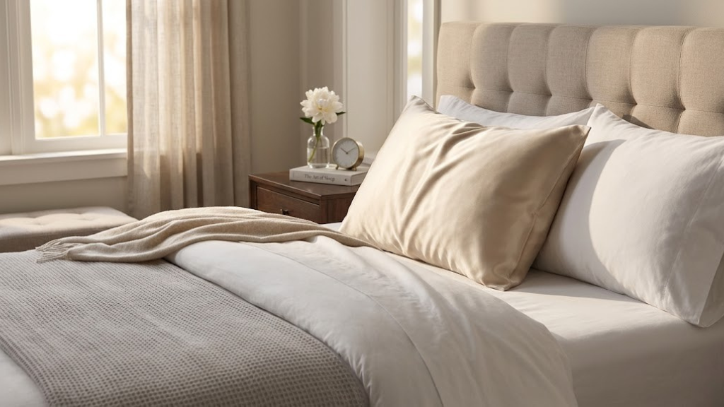 Silk pillowcase on a luxury bed with soft morning light