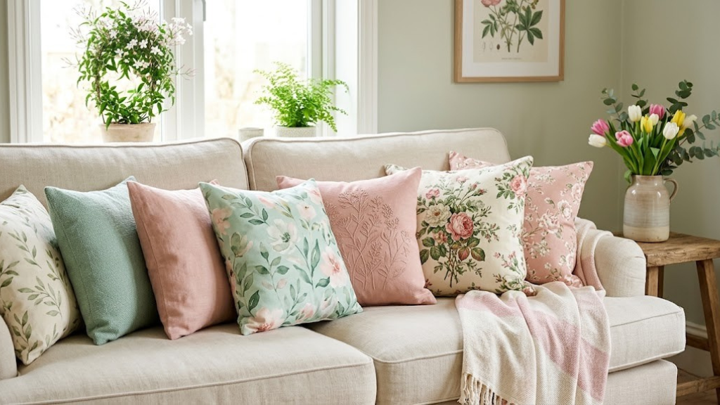 Spring pillow palette featuring blush pink, mint green, and cream pillows with floral patterns
